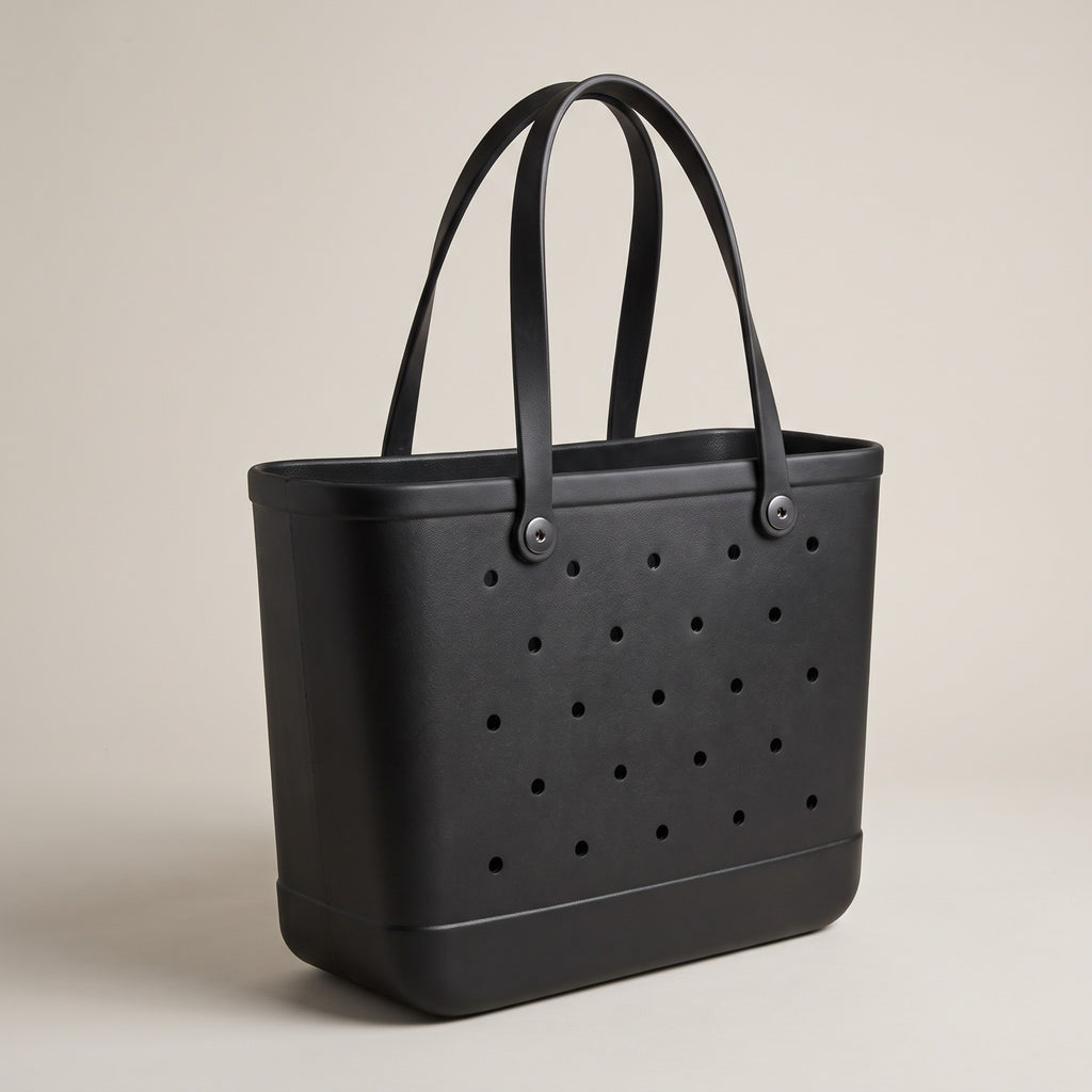 The Dad Bag — big black EVA beach tote with strap handles, AI render (real photos when the boat arrives)